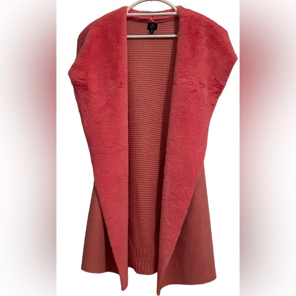 12th Heart Women’s Long Line Open Front Sweater/Fabric Vest w/Faux Fur Pink S - Picture 12 of 12